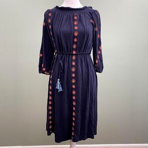 Ann Taylor LOFT Embroidered Midi Dress Smocked Womens Small Navy Boho